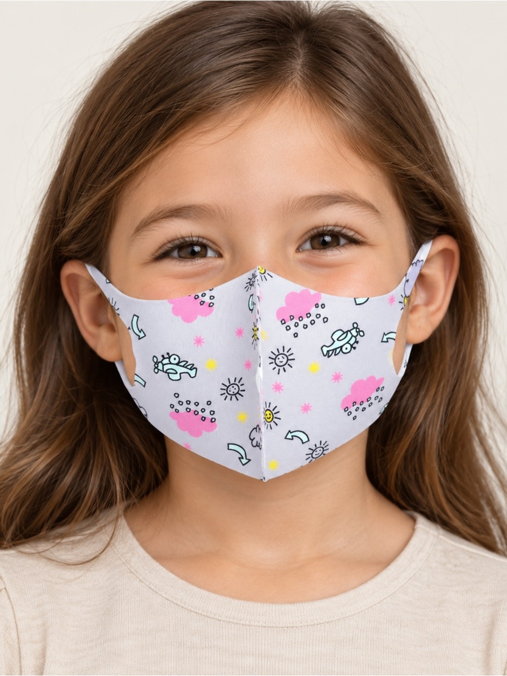 Kids Plain Mask with Pink Cloud & Cartoon Print - Unbranded